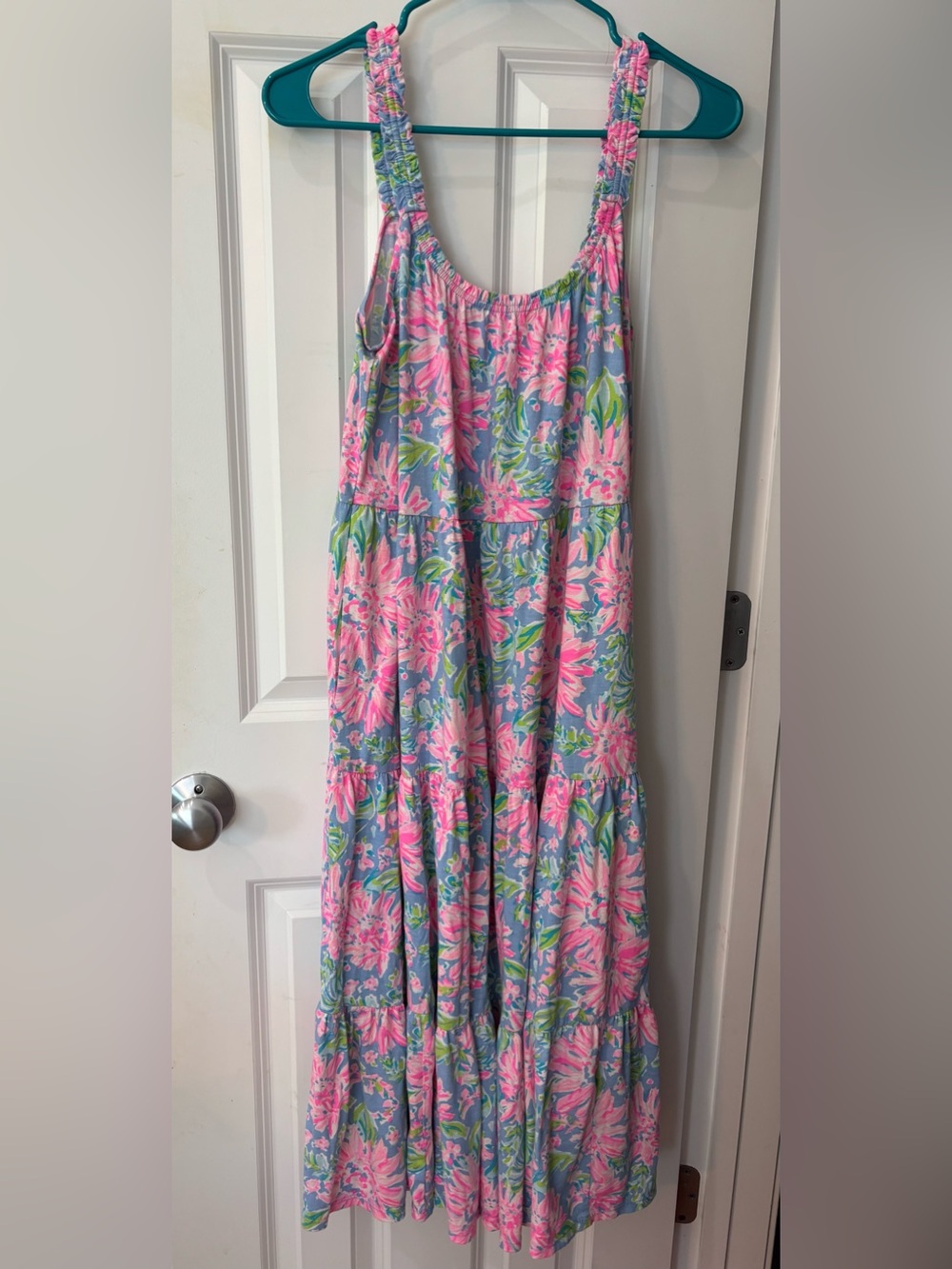 Lilly Pulitzer Loro Midi Tiered Dress Sunrise Bay Blue Pink Floral HTF, EUC!